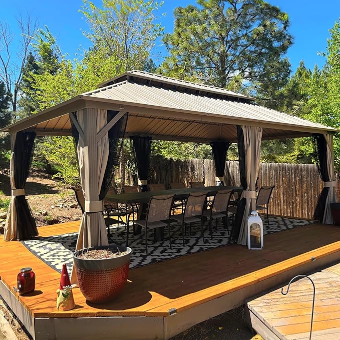PURPLE LEAF 12' x 20' Outdoor Hardtop Gazebo, Champagne Aluminum Gazebo with Galvanized Steel Double Roof, Curtains and Netting for Patio Lawn and Garden