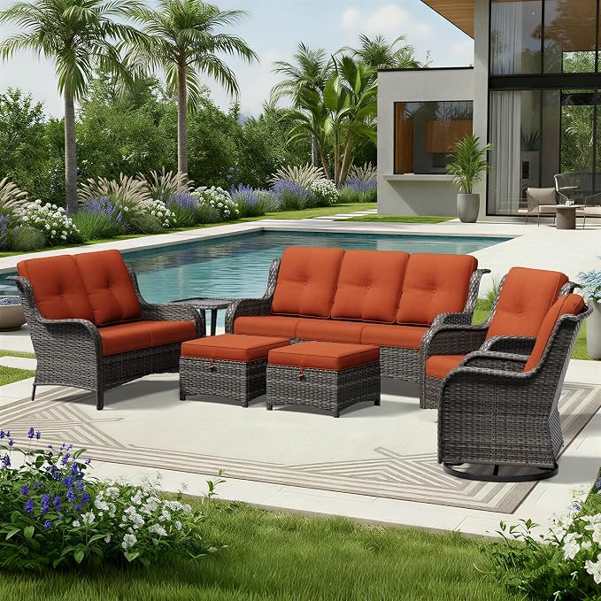 Joyside 7 Piece Wicker Patio Furniture Set, Outdoor Swivel Rocker Patio Chairs with High Back, Deep Seating, Wide Armrest, Thickened Cushions, Outdoor Furniture for Deck, Porch Use