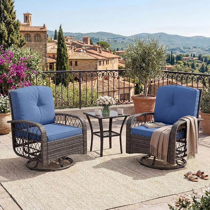 Outdoor Swivel Rocker Chairs Set, 3-Piece Patio Furniture with Washable Cushions & Glass Tabletop, Swivel Glider Rocker Set for Deck Porch Balcony Backyard Garden, Gray Wicker & Blue Cushions