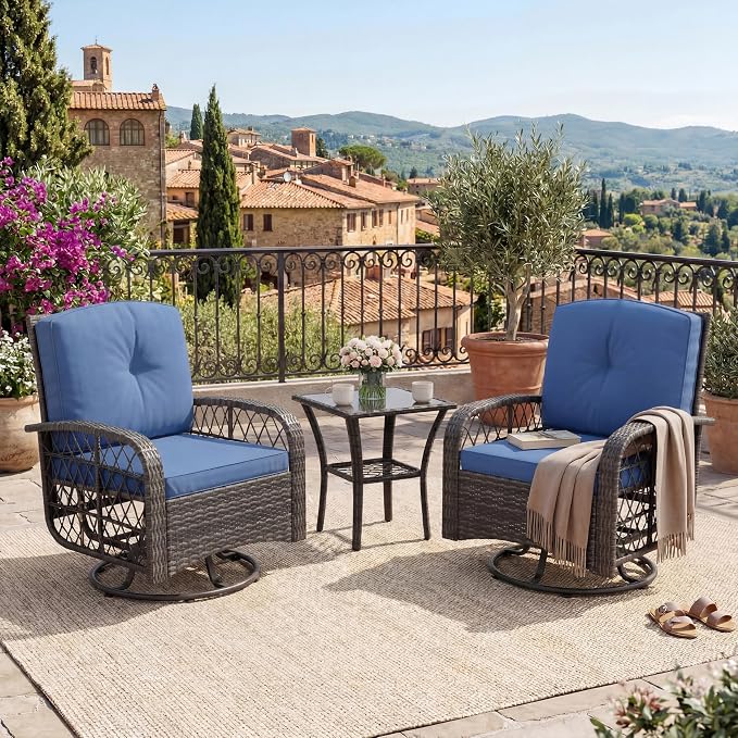 GarveeLife 3 Piece Swivel Wicker Patio Furniture Set, Outdoor Rattan Swivel Chairs with Side Table, All-Weather Conversation Set for Patio, Deck or Backyard, Gray Wicker with Blue Cushions