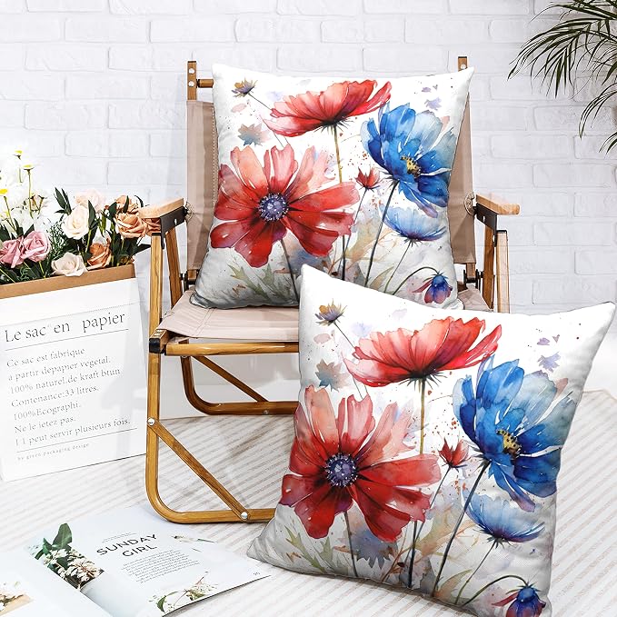 Watercolor Flower Outdoor Throw Pillow Covers 18x18 Set of 2 Red Blue Floral Pillow Covers Daisy Linen Square Farmhouse Pillowcase for Home Decor Couch Patio