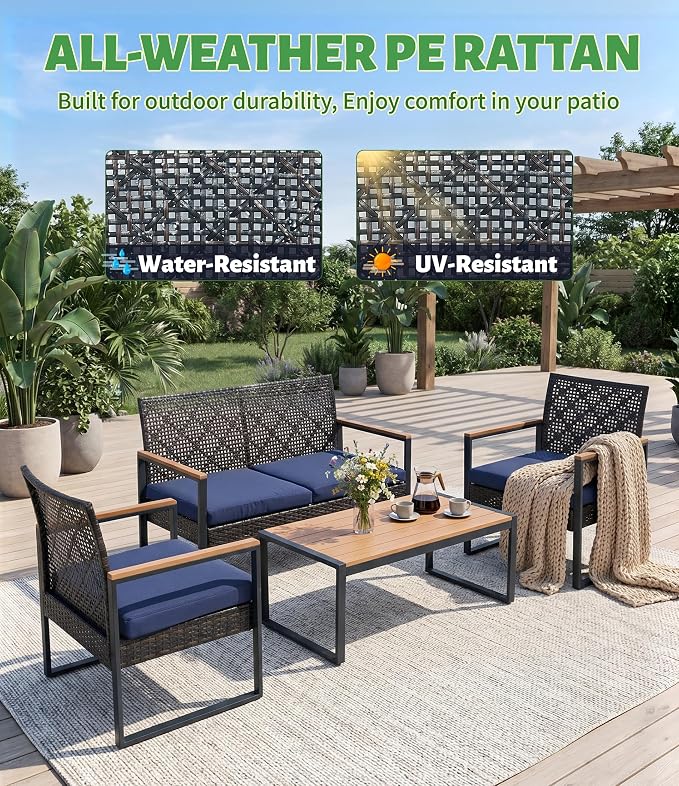 4-Piece Outdoor Patio Furniture Set, Wicker Sofa and Chairs with Cushions, PE Rattan All-Weather Conversation Set with Coffee Table for Backyard, Patio, Poolside, Garden, Lawn, Deck, Black