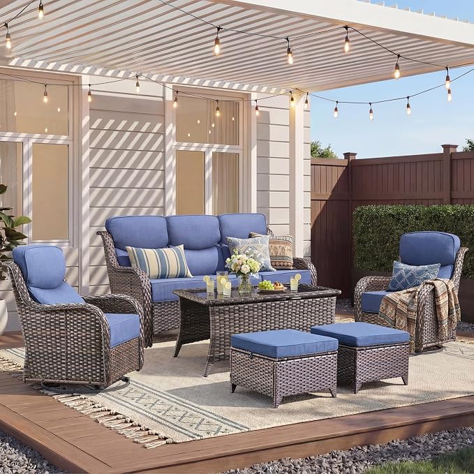 Luxury 6 Pieces Outdoor Patio Furniture Set-All Weather Wicker Outdoor Furniture with Swivel Rocker Patio Chairs 6-inch Extra Thick Cushions Wicker Conversation Set for Garden Porch(Brown/Blue)