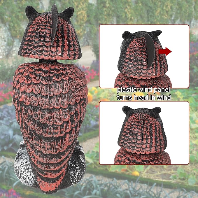 Hausse 2 Pack Fake Owl Decoys to Scare Birds Away, Rotating Head Plastic Owl Bird Deterrents, 10.6 Inch Height Bird Scarecrow Nature Enemy Horned Pest Repellent for Outdoor Garden Yard