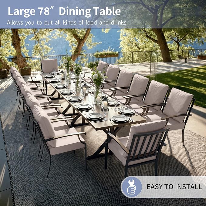 Kullavik 16 Pieces Outdoor Dining Set,Patio Dining Table and Chairs Set for 14,Fence Pattern Back Chairs with Thickened Cushions & X-Frame Metal Dining Table with Umbrella Hole for Patio,Sand