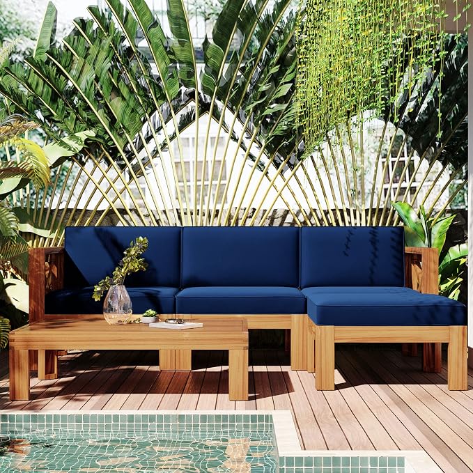 5-Piece Outdoor Backyard Patio Set, Acacia Wood Sectional Sofa Seating Group Set with Tea Table and Cushions, Conversation Furniture Set for Garden Backyard Poolside (Natural Finish+ Blue Cushions 2)