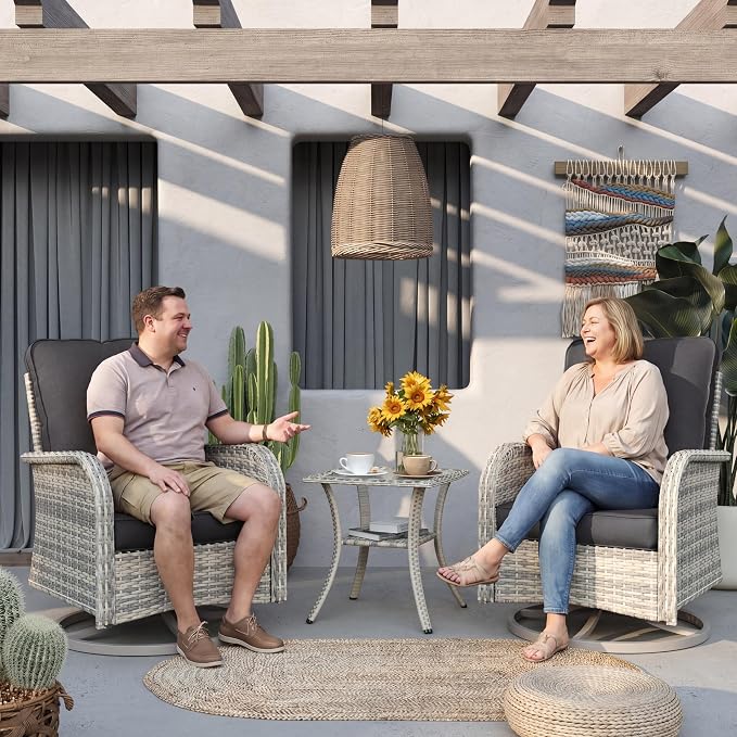 Patio Rocking Swivel Chair Outdoor Wicker Rattan Bistro Set with Tempered Glass Side Table, Outdoor Patio Furniture Set for Garden, Deck, and Balcony, Dark Grey