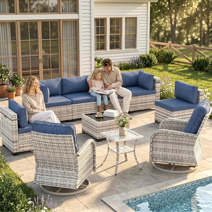10-Piece Modern Patio Furniture Set with Swivel Chairs, Thick Cushions, Dual-Strand Wicker Rattan, Rust-Resistant Frame, Navy Blue