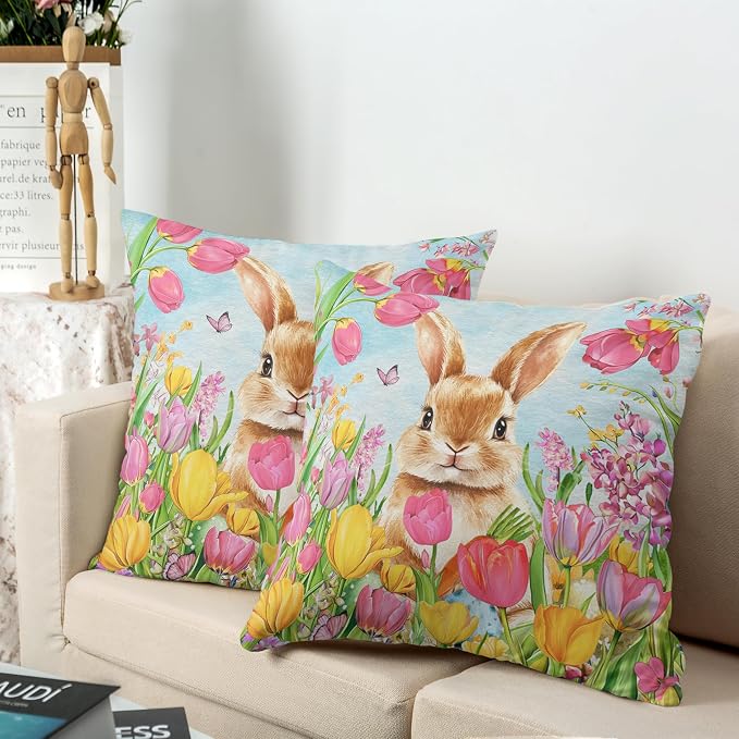 Easter Bunny Pillow Covers 18x18 Set of 2 Lovely Rabbit with Tulip Throw Pillow Covers Spring Pillow Case Floral Cotton Blend Cushion Case for Easter Decor Sofa Patio Garden