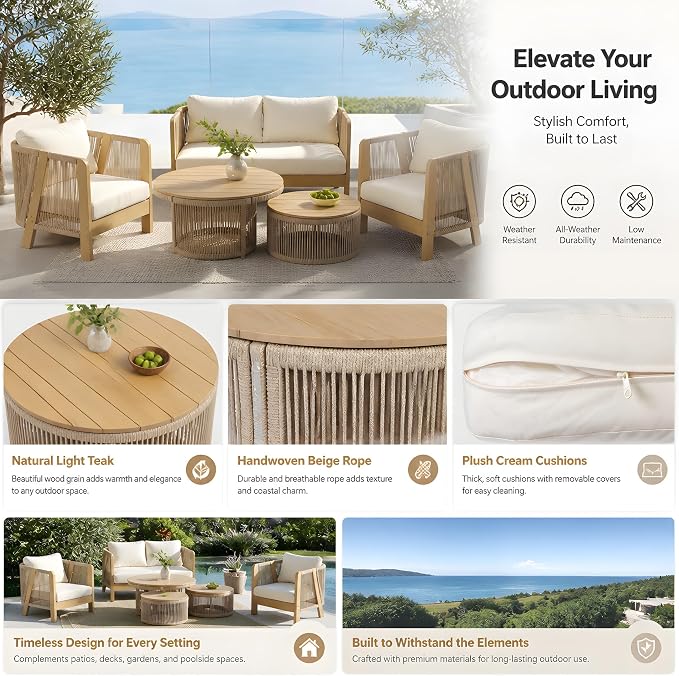 Christopher Knight Home Dalba 4-Seater Patio Furniture Set with Removable Cushion, 5 Piece Outdoor Acacia Wood Conversation Set, Wooden Outdoor Sectional Sofa Set, Beige+Light Teak