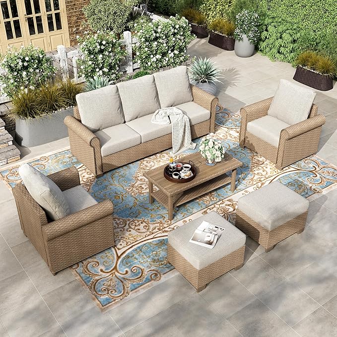 HERA'S HOUSE Patio Furniture Set, 4 x Cushioned Chairs, 3-Seat Sofa with Wood Grain Coffee Table, 5 Seats Luxury Windsor Style All Weahter Outdoor Sofa Conversation Set for Deck Lawn Backyard