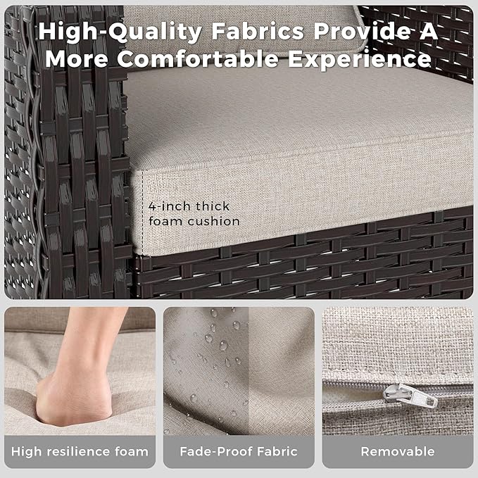 Patio 2 Pieces Wicker Chairs Set of 2，Outdoor PE Rattan Armchairs, Water-Resistant Cushions with Removable and Washable Covers, Porch, Balcony, Sunroom (Beige)
