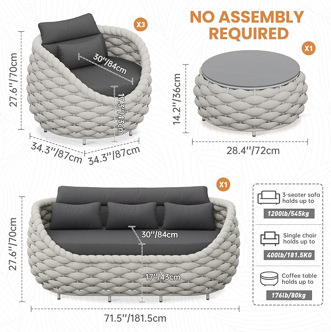 Aluminum Outdoor Seating Set: 5 Pieces Woven Rope Patio Conversation Set - Metal Sofa Set Cushioned Assembled - Modern Couch Porch Furniture for Deck Lanai Balcony Yard Poolside Hotel Resort