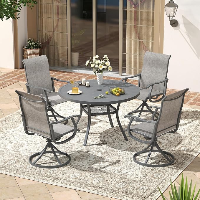 VICLLAX Patio 5 Pieces Outdoor Dining Set, 40.6" Round Metal Table with Umbrella Hole and 4 Swivel Textilene Chairs for Lawn, Garden, Porch, Dark Grey/Grey