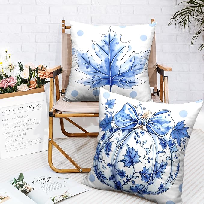 Fall Pillow Covers Blue and White Porcelain Maple Leaf Pumpkin Throw Pillow Covers 22x22 Set of 2 Autumn Blue Polka Dot Pillowcase Thanksgiving Cushion Case for Couch Sofa