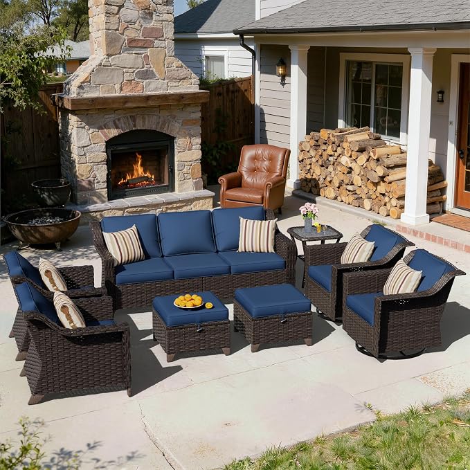 8 Pieces Patio Conversation Furniture Set - 1 Sofa, 2 Ottomans, 2 Armchairs, 2 Swivel Chairs, 1 Side Table, Outdoor Wicker Furniture with Removable Cushions for Porch, Sunroom (Blue)