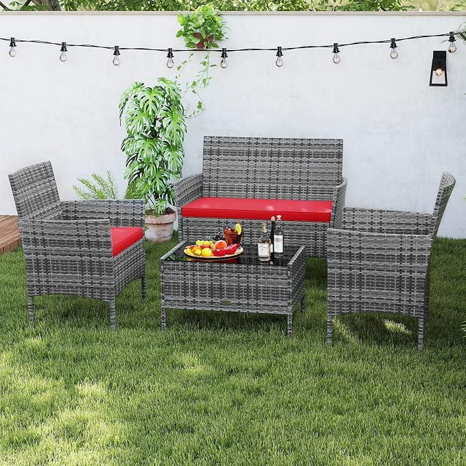 RELAX4LIFE 8-Piece Patio Furniture Set - Rattan Outdoor Conversation Bistro Set w/Cushions, Glass Coffee Table, Wicker Chairs & Loveseat for Garden Backyard Porch, Balcony Furniture (2, Mix Grey-Red)