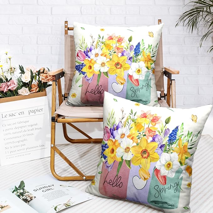 Spring Throw Pillow Covers 24x24 Set of 2 Daffodils Flower Pillow Covers Floral Vase Outdoor Pillowcase Watercolor Cotton Linen Cushion Case for Sofa Outdoor Patio