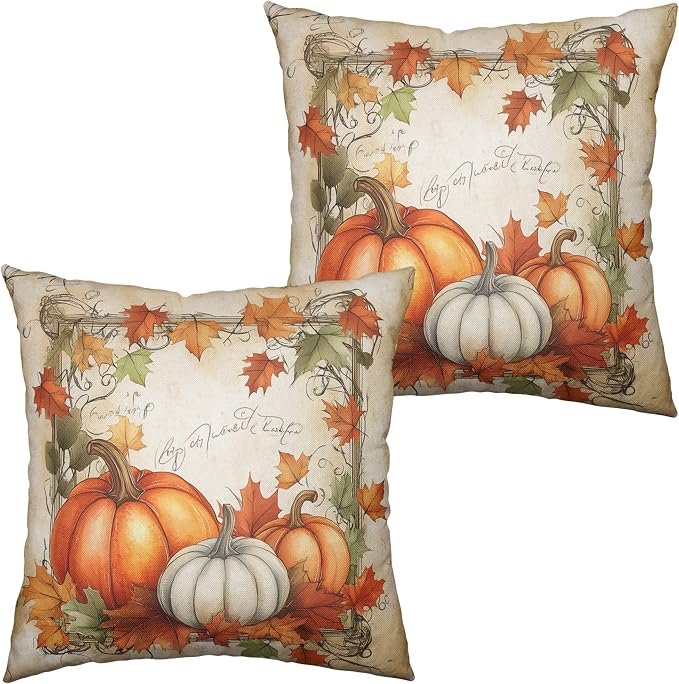Fall Pillow Covers 16x16 Set of 2 Maple Leaves Pumpkin Pillow Covers Autumn Harvest Pillowcase Thanksgiving Vintage Cushion Case for Home Decor Couch Sofa