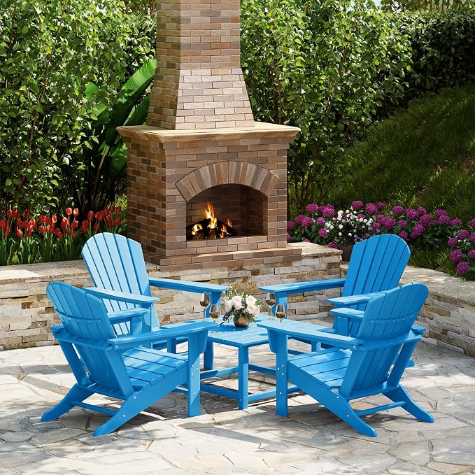 Costaelm Patio Conversation Set, Patio Chairs Set of 5 Balcony Firepit Furniture Outdoor Adirondack Square Table and Chair Backyard Furniture Set for Lawn Porch Pool Garden, Pacific Blue
