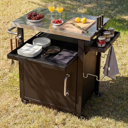Outdoor Deck Box Storage Cabinet with Stainless Steel Top, 39.5 Inch Patio Prep Station and Grill Cart with 4 Locking Wheels, Propane Tank Storage and Waterproof Cover, Black Finish