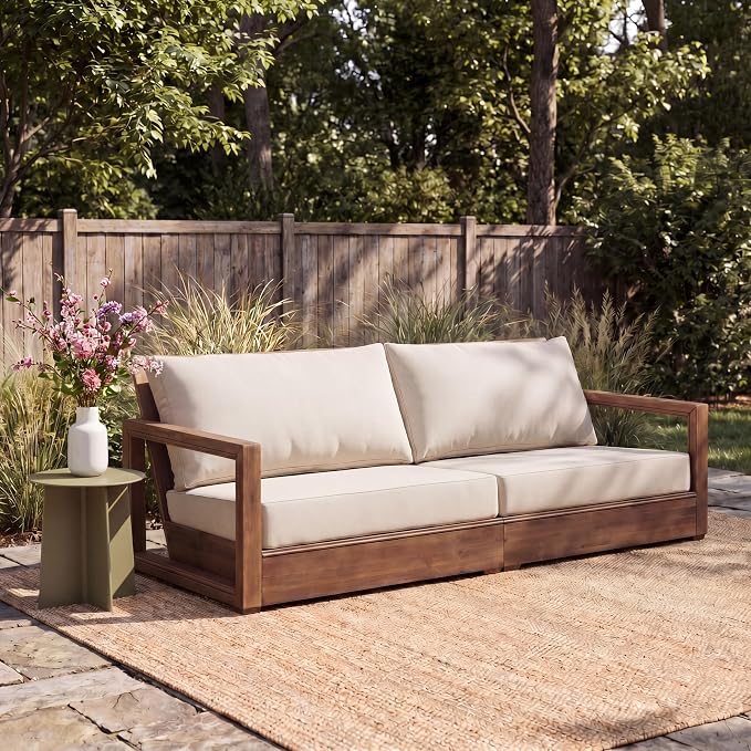 Christopher Knight Home 2-Piece Patio Furniture Set, 3-Seater Outdoor Sofa with Coffee Table, Acacia Wood Patio Couch Set with Cushions, Deep Seat Outdoor Patio Furniture for Porch Deck Garden, Brown