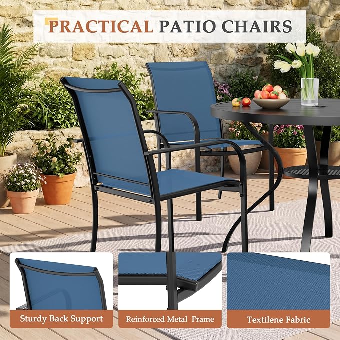 5-Piece Patio Dining Set,4 Person Outdoor Table and Chairs Set, 4 Metal Dining Chairs and Round Outdoor Table with 1.57" Umbrella Hole,Blue