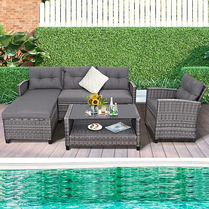 Tangkula 4 Pieces Rattan Conversation Set, Patiojoy Outdoor Furniture Set with Cushions, Lounge Sofa Set with Coffee Table, Patio Sectional Sofa Set for Patio Garden Poolside Backyard (Gray)