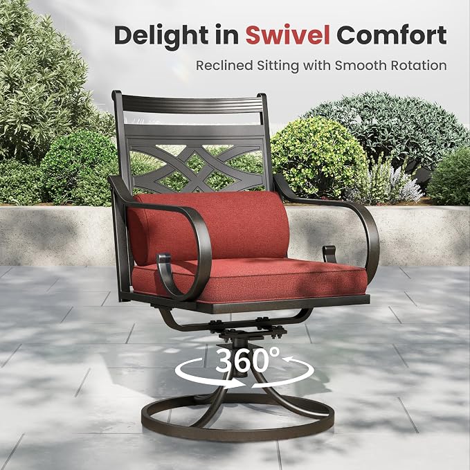 PHI VILLA 7 Pieces Outdoor Dining Set for 6, 61" Rectangle Metal Table with Umbrella Hole & Wrought Iron Swivel Chairs, Patio Furniture with Red Cushions & Pillows for Deck, Porch, Backyard
