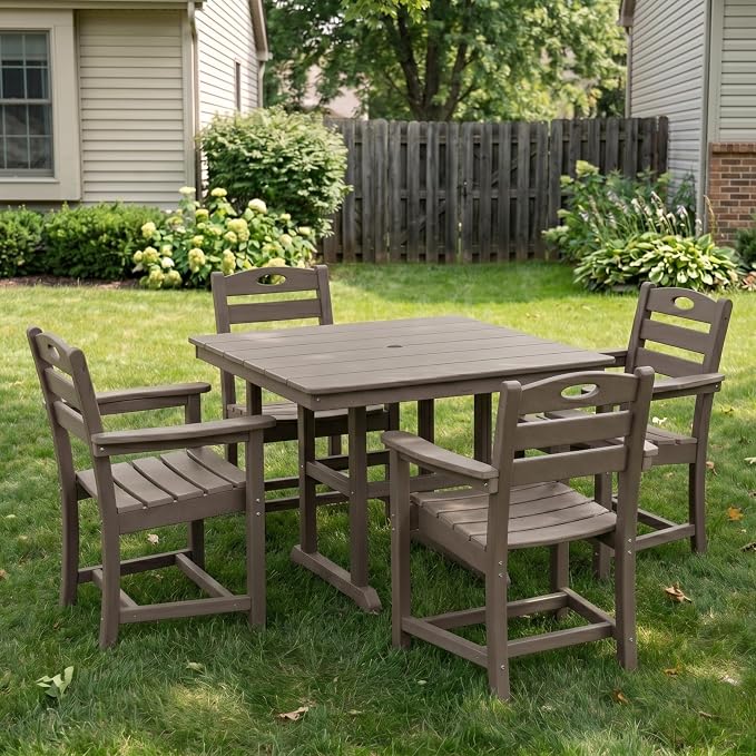 KEIKI 5-Piece HDPE Patio Dining Set and 4 Armchairs for Terrace Poolside Yard All-Weather Durable Square Table Outdoor Furniture Compact Dining Maintenance Modern Bistro Set Black