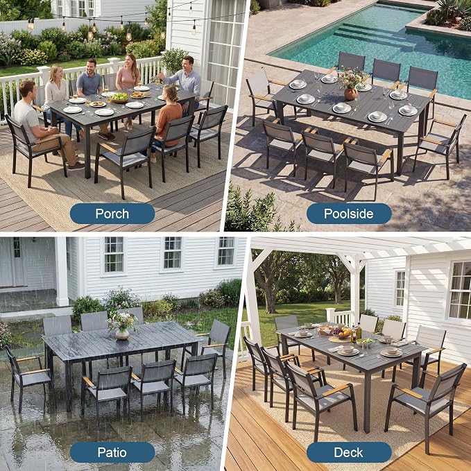 Wisteria Lane Aluminum Outdoor Patio Table and Chairs Set with 121" L-81 L Expandable Dining Table, 13-Pieces Outdoor Dining Set for 12, Patio Furniture Set with Stackable Quick Drying Chairs, Grey