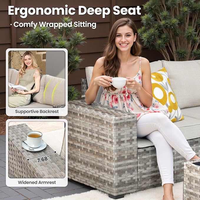 ovios 6 Pieces Patio Furniture Set, Outdoor Wicker Sectional Sofa with Coffee Table Comfy Cushions, Modern Modular Deep Seat Couch Rattan Conversation Set, Beige