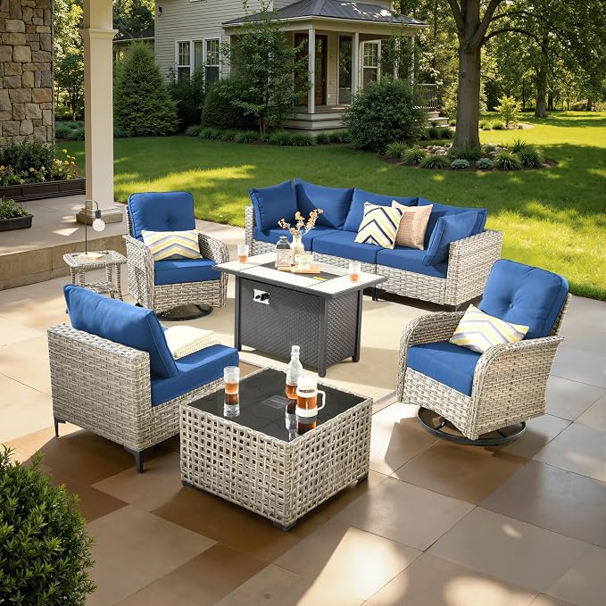 ovios 9 Pcs Patio Furniture with Fire Pit Table, Outdoor Rattan Wicker Conversation Set with Glowing Coffee Table, Comfy Sectional Sofa for Porch Balcony Backyard Pool, Blue