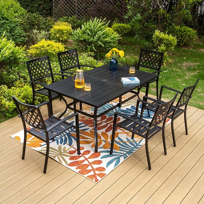 MFSTUDIO Outdoor Dining Set for 6, Patio Table and Chairs Set with Umbrella Hole, Metal Patio Furniture Dining Set for Deck Backyard Poolside Garden