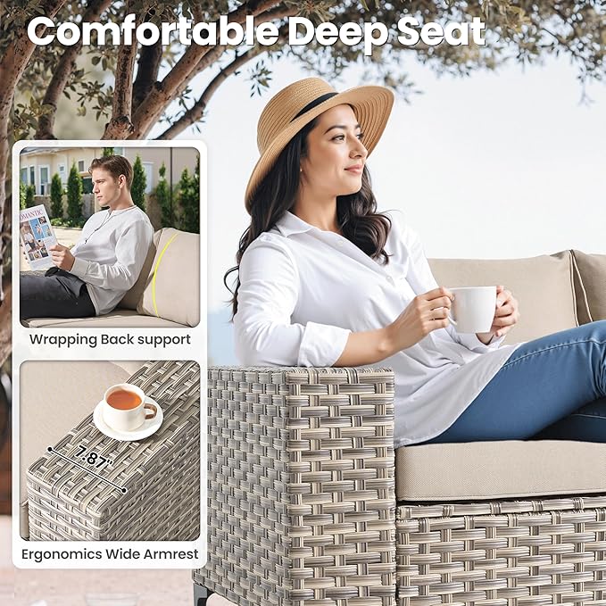 ovios 8-Piece Patio Furniture Set with L-Shape Sofa Chaise, Outdoor Sectional Couch Swivel Gliders Solar Table, Modern Modular Wicker Rattan Conversation Set, Beige