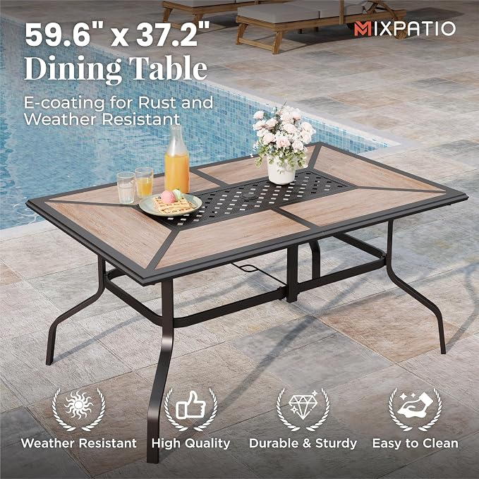 MIXPATIO Outdoor Patio Dining Set 7 Piece Furniture Set with 6 Brown Textilene Chairs and Wood-Like Table Top Rectangular Table for Deck Garden Backyard Lawn Poolside