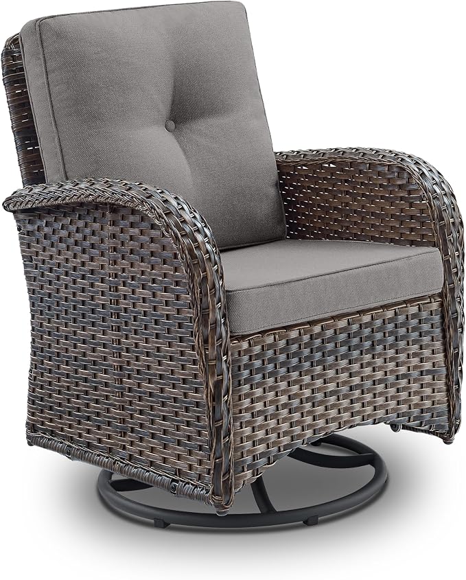 2 in 1 Porch Glider Swivel Chair - Wicker Patio Furniture Outdoor Swivel Rocker Chair with Thick Cushion, 300 Lb Weight Capacity Patio Swivel Glider Seating - Brown Wicker, Grey Cushion