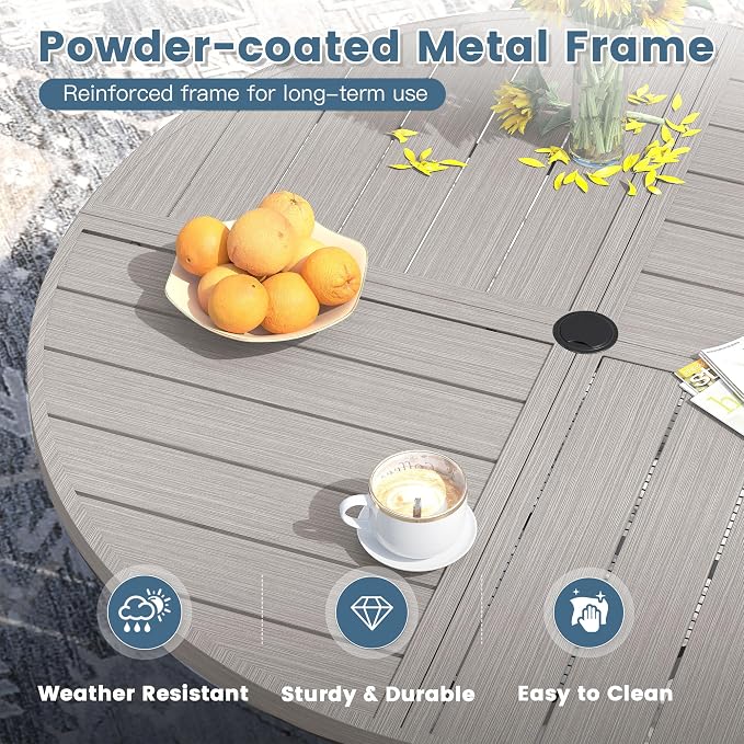 DIFY 7 Piece Outdoor Patio Dining Set for 6, 47.2" Round Dining Table with Umbrella Hole and Stackable Metal Chairs, Patio Table and Chairs Set for Backyard Garden Poolside, Grey Wood-Like & Sandshell