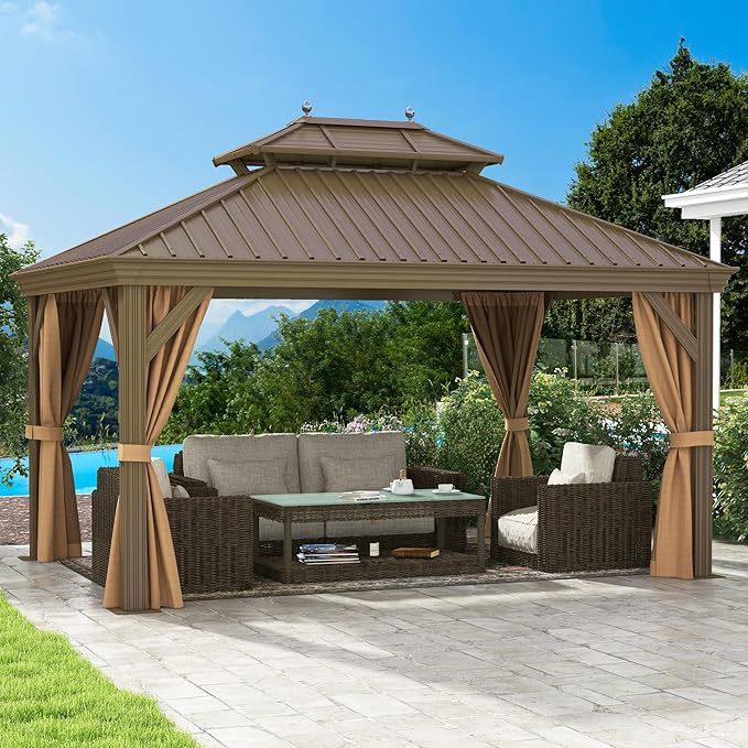 DWVO 12x14 ft Hardtop Gazebo Outdoor Heavy Duty Aluminum Gazebo with Nettings and Curtains, Combined of Horizontal and Vertical Stripes Roof for Patio, Backyard, Deck, Lawns and Balcony, Bronze