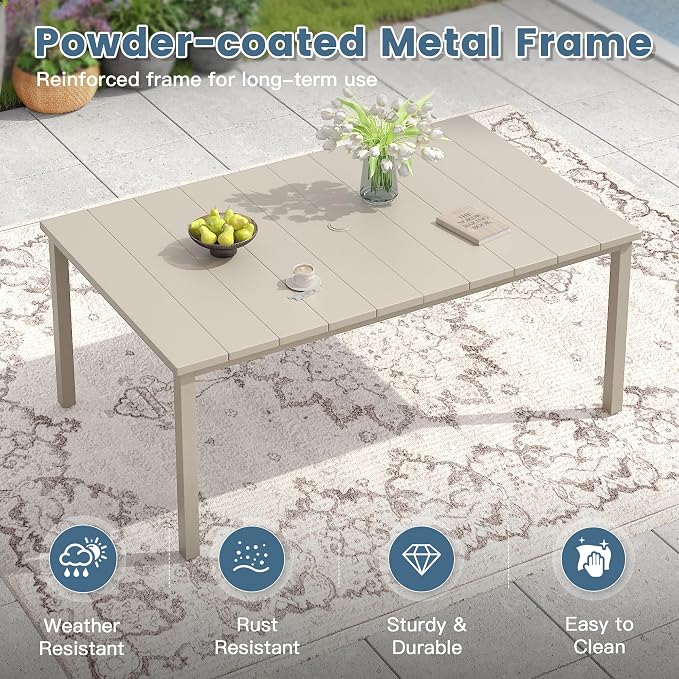 DIFY 7 Pieces Outdoor Patio Dining Set, 6 Cream Stackable Metal Dining Chairs and 63" Sandshell Rectangle Dining Table, Outdoor Table and Chairs for Lawn Garden Backyard Deck