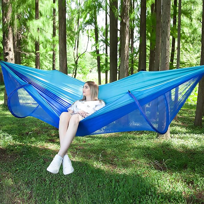 LFL Camping Hammock with Mosquito Net, Hammocks with Net 13ft Tree Straps Carabiners, Automatic Quick Open Outdoor Portable Hammock, Nylon Parachute Material Outside Hammock with Bug net, Blue