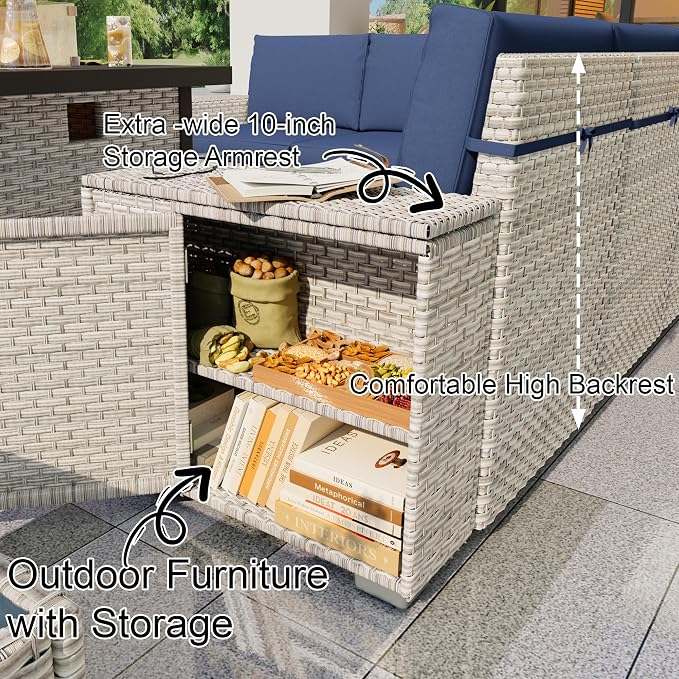 13 Pieces Patio Conversation Set, Rattan Furniture Set with Wide Armrests and Coffee Table, Outdoor Modular Sectional Couch Wicker Sofa with Fire Pit for Garden Backyard Porch Deck (Blue Cushions)