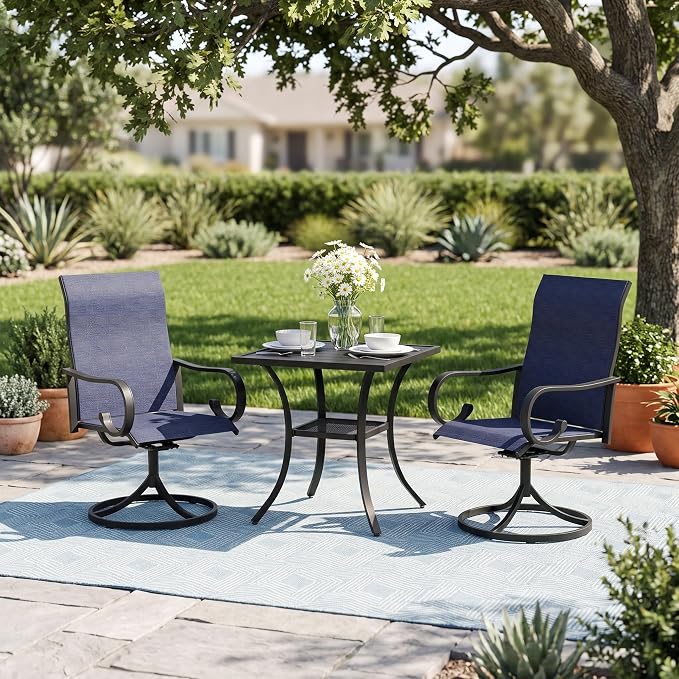 3 Pieces Patio Dining Set, 2 Outdoor Swivel Dining Chairs with 28" Square Outdoor Dining Table, All Weather Textilene Patio Chairs and Metal Table for Garden Backyard, Dark Blue & Black