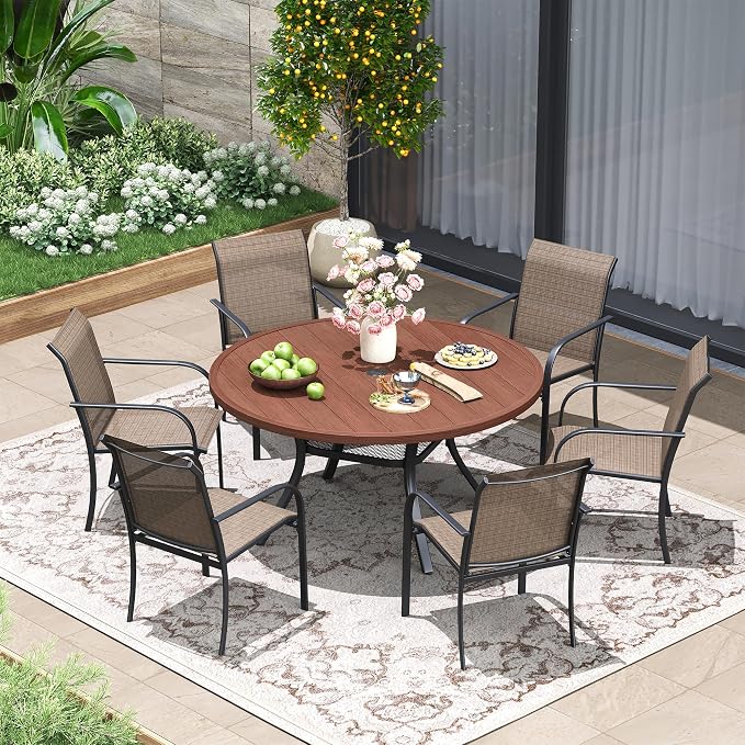 7 Pieces Patio Dining Set, 47" Round Dining Table with Umbrella Hole, 6 Stackable Textilene Fabric Chairs, Metal Structure for Patio, Porch, Garden(Walnut Table, Brown Chair)