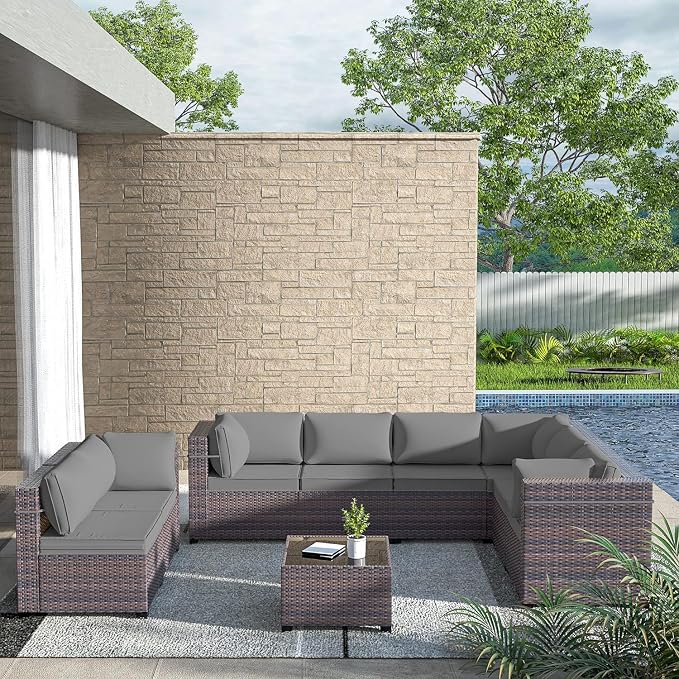 Outdoor Patio Furniture Set, 9 Pieces Outdoor Sectional Furniture Patio Set, All-Weather PE Rattan Patio Conversation Set with Tempered Glass Top Table & Cushions-Grey