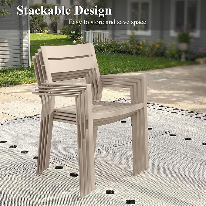 Patio Dining Set for 6, 63" Outdoor Dining Table and Chairs Set with Stackable Patio Chairs Outdoor Furniture for Garden Deck Backyard, Sandshell Table and Sandshell Chairs