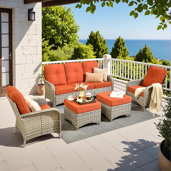 5-Piece Outdoor Patio Furniture Set,All Weather Wicker Rattan Patio Seating Sofa and Chair Set with Ottomans,Outdoor Conversation Sets with 3 Seater Couch for Porch Deck Yard,Red