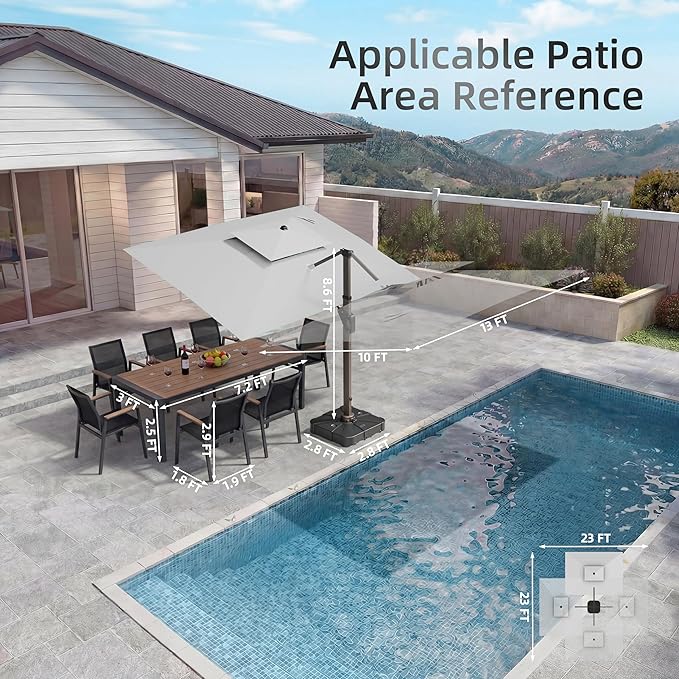 10 X 13 FT Cantilever Patio Umbrella with Base Included & Led Lights Outdoor Rectangle Offset Large Double Top Heavy Duty Umbrellas 360°Rotation for Pool Deck Backyard,Fog Gray