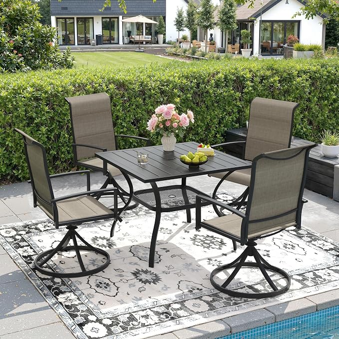 DIFY 5 Piece Outdoor Patio Dining Set for 4, 37.8" Black Square Metal Dining Table and Swivel Patio Chairs with Brown Padded Textilene, All-Weather Outdoor Furniture Set for Garden Backyard Porch