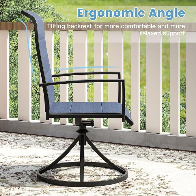 DIFY 5 Piece Outdoor Patio Dining Set for 4, 40.6" Black Round Metal Dining Table and Swivel Patio Chairs with Blue Padded Textilene, All-Weather Outdoor Furniture Set for Garden Backyard Porch